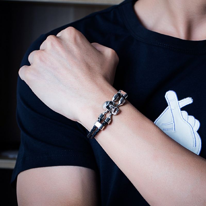 Unikt Skalle Charm Dubbel Läderarmband För Herr