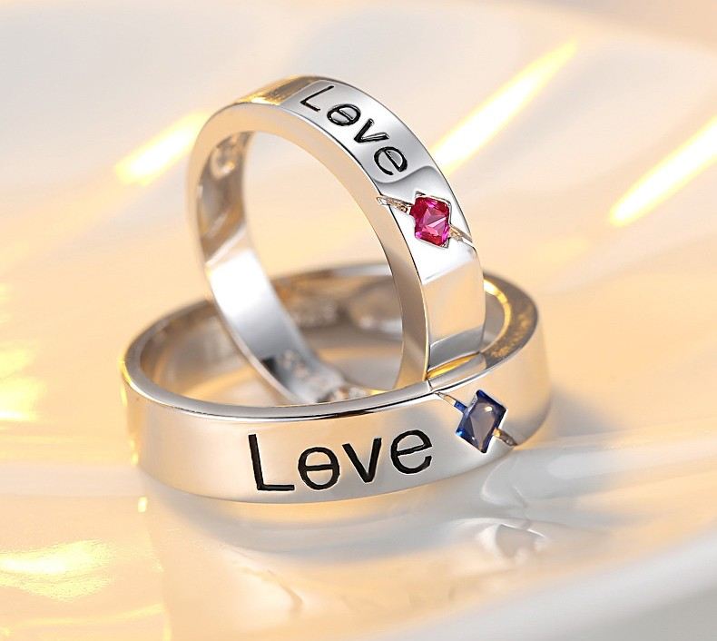 Kreativ Kärleksdesign Röd Och Blå Ädelsten S925 Sterling Silverälskare Parringar