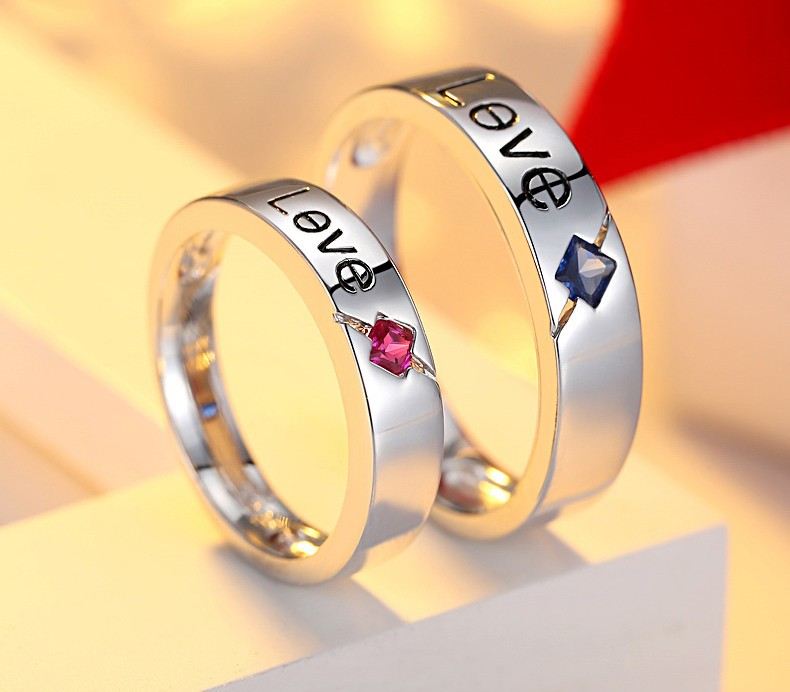 Kreativ Kärleksdesign Röd Och Blå Ädelsten S925 Sterling Silverälskare Parringar
