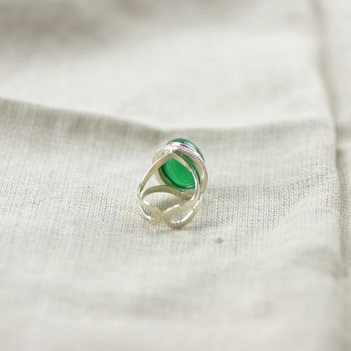 Modedesign 925 Sterling Silver Inlägg Grön Kalsedon Öppningsring