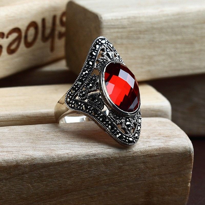 Retro Domstol Stil 925 Sterling Silver Inlagd Rubinring