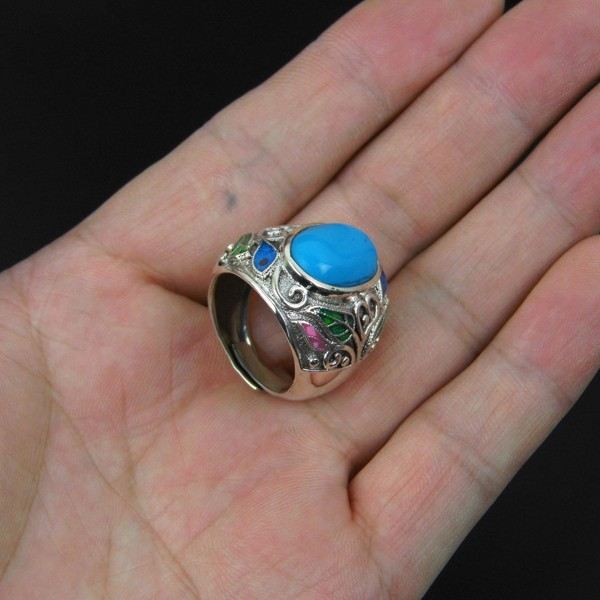 Retro Mönster Överdriven Atmosfär 925 Sterling Silver Inlagd Ädelsten Ring
