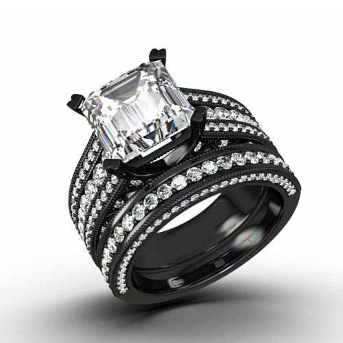 Svart Antik Vigselring Set Brudset Med Asscher Cut Cubic Zirconia 925 Sterling Silver