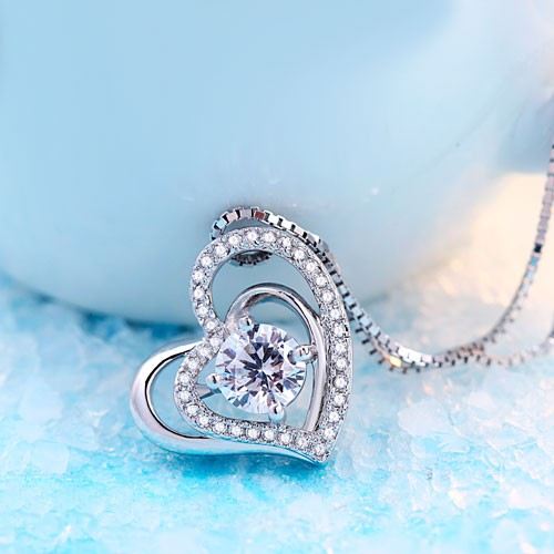 Dubbelt Hjärta Design Hängsmycke 925 Sterling Silver Cubic Zirconia Dam Halsband